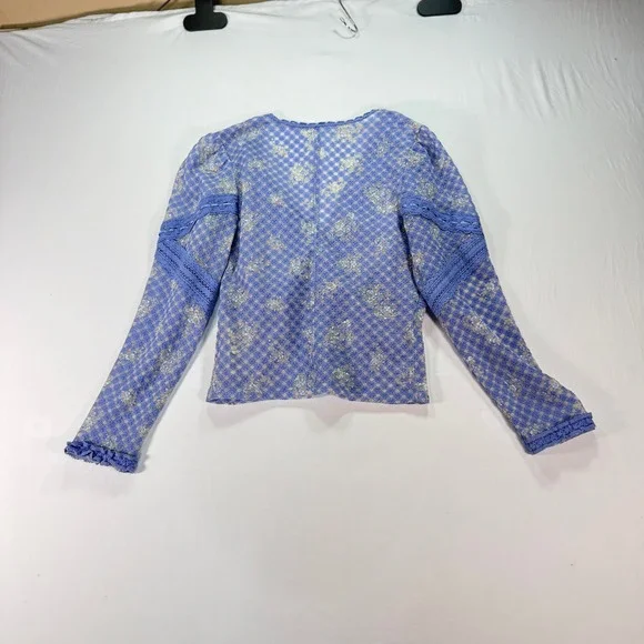 Free People Gingham Floral Lace Cardigan Top Women's XS Blue Sheer Boho V-Neck - Picture 9 of 9